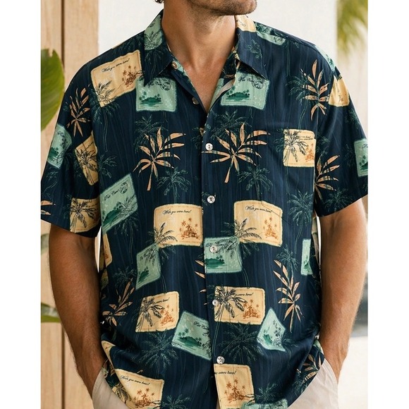 Pineapple Moon Other - Pineapple Moon Men's Aloha Shirt L 100% Silk Teal Postcard Palm Print NWT